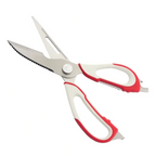 są to nożyczki kuchenne wielofunkcyjne z rączkami w kolorze biało czerwonym. 