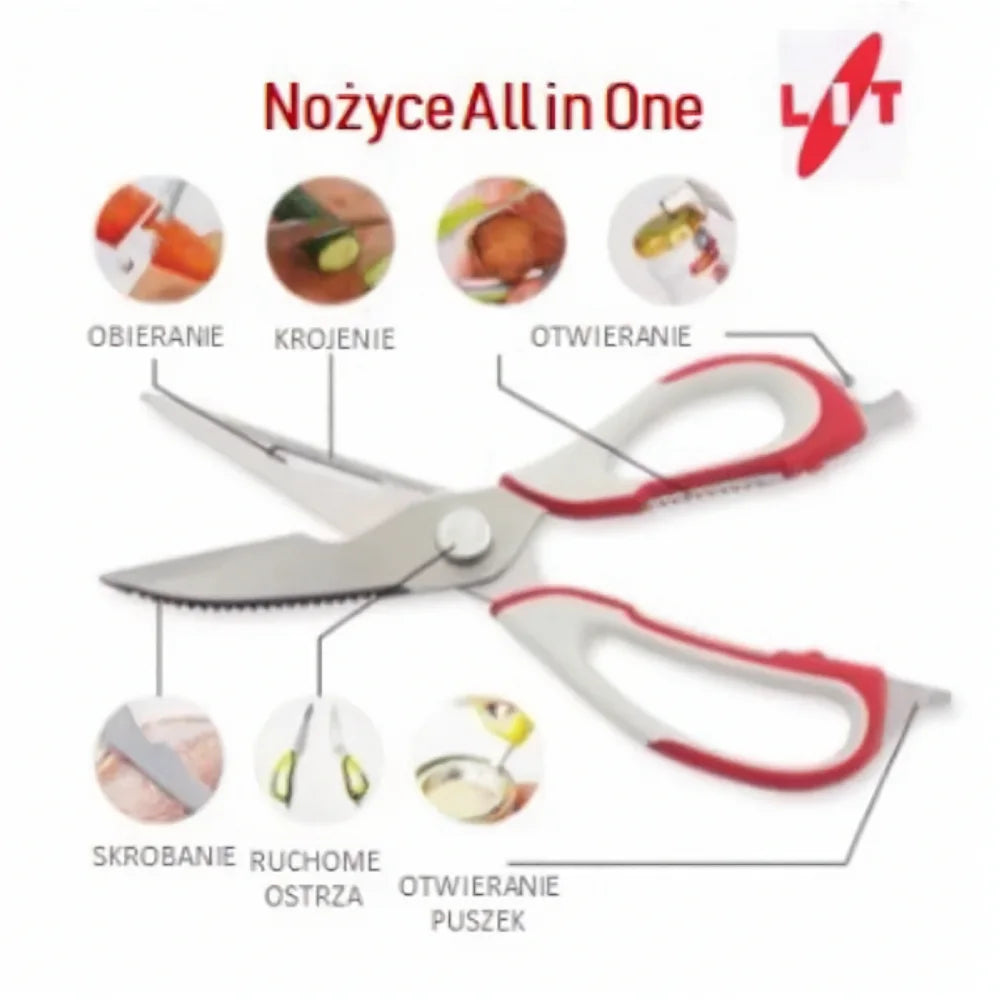 są to nożyczki kuchenne wielofunkcyjne z rączkami w kolorze biało czerwonym.