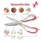 są to nożyczki kuchenne wielofunkcyjne z rączkami w kolorze biało czerwonym.