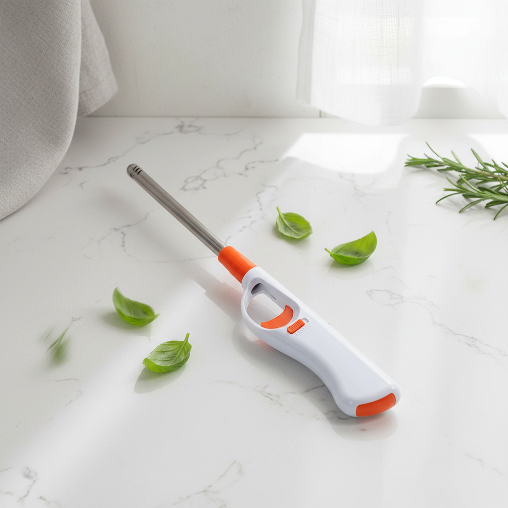 jest to zapalarka płomieniowa anty wiatrowa z białą rączką pomarańczowymi dodatkami oraz aluminiową długą dyszą w opakowaniu w ujęciu z góry.