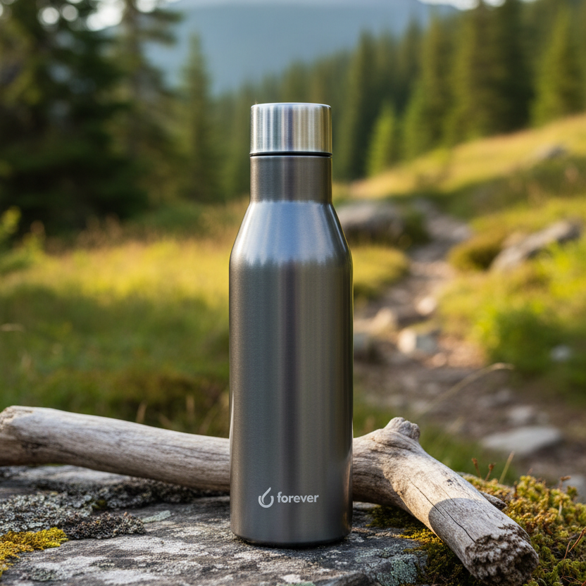 Szara, matowa butelka termiczna Forever ze stali nierdzewnej, stojąca na mchu i drewnie w plenerze. Solidny, minimalistyczny design ze srebrnym korkiem.