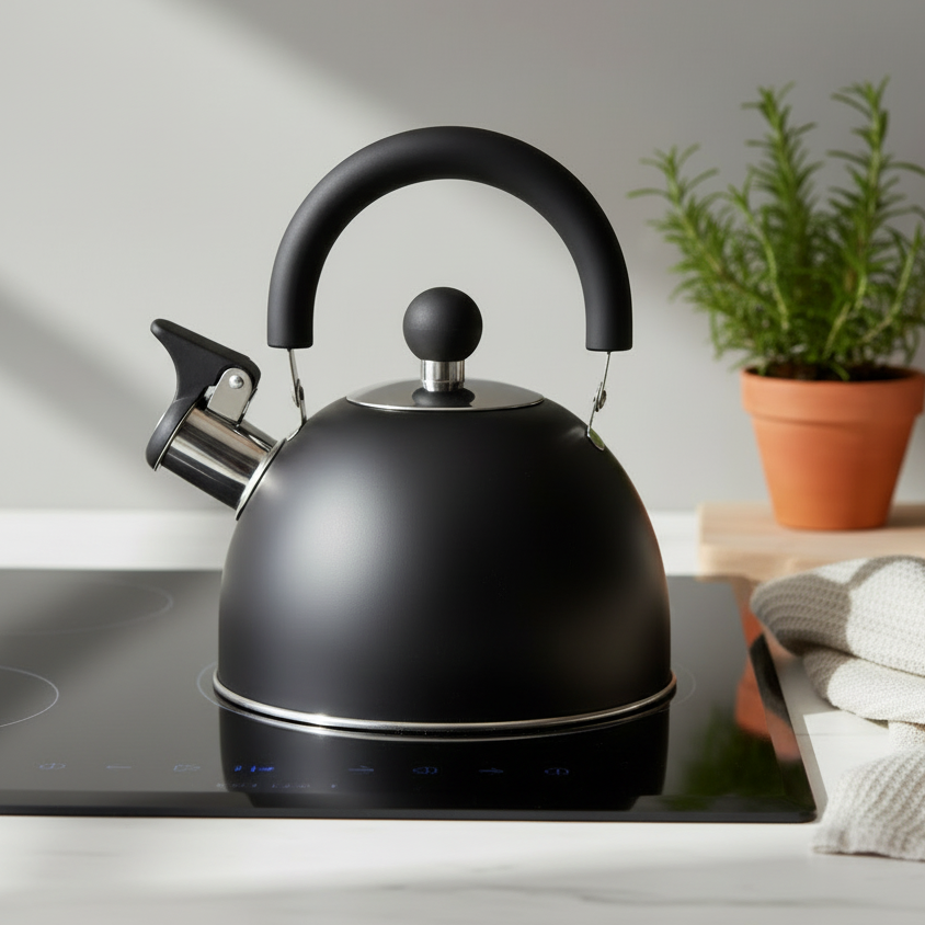 Czarny matowy czajnik z gwizdkiem stojący na płycie indukcyjnej. Posiada stalowe, błyszczące detale, zaokrągloną kopułę oraz ergonomiczny uchwyt. Minimalistyczny design do nowoczesnej kuchni.