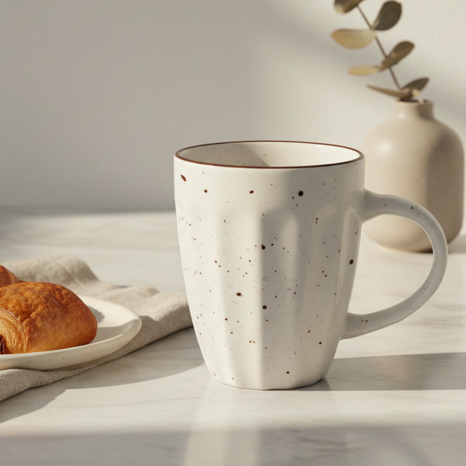 jest to kremowy kubek w delikatne nakrapiany o pojemności 320 ml