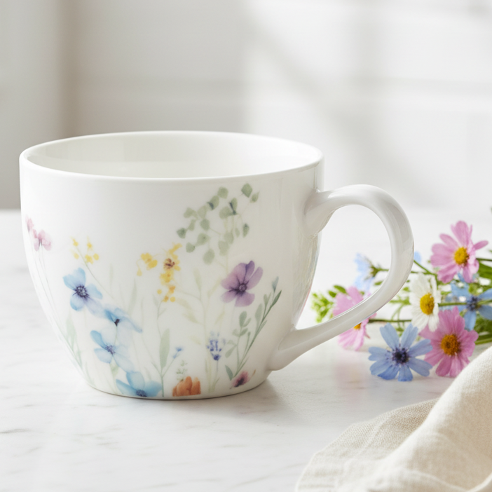 jest to kubek śniadaniowy z porcelany biały w pastelowe polne kwiaty o pojemności 420 ml