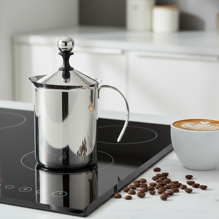 jest to Spieniacz do cappuccino ze stali nierdzewnej działający na indukcję w wysokim połysku, zaaranżuj zdjęcie produktowe