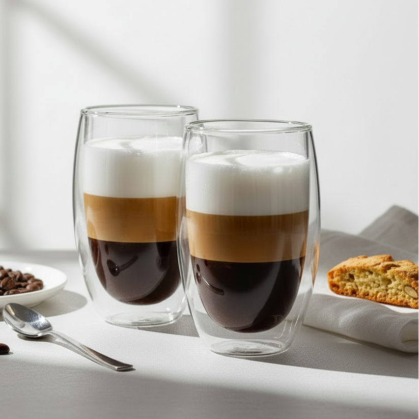 dwie szklanki termiczne ze szkła borokrzemowego do latte