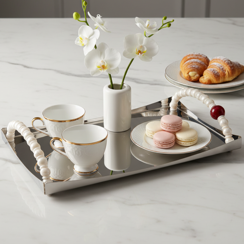 jest to ekskluzywna taca ze stali nierdzewnej polerowanej na efekt lustra z perłami w uchwytach